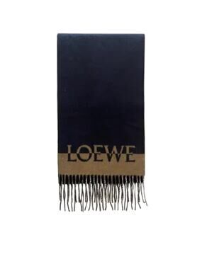 Loewe Navy Blue Beige Wool Cashmere Authentic Minimalist Luxury Fringe Scarf
